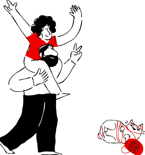 illustratie van een stel dat met een kat speelt